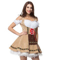 Plus size bavarian halloween beer girl dress in beige and brown with white lace trim red corset lacing and green red embroidery