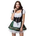 A plus size bavarian halloween beer girl dress in black and green with white lace trim and corseted bodice