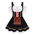 Plus size bavarian halloween beer girl dress in black and white with red lace-up front brown leather-like pocket and floral trim