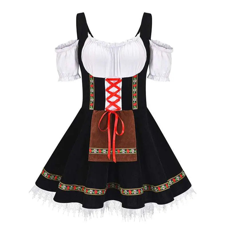 Plus size bavarian halloween beer girl dress in black and white with red lace-up front brown leather-like pocket and floral trim