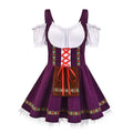 Plus size bavarian halloween beer girl dress in purple velvet with white off-the-shoulder sleeves and red lace-up front