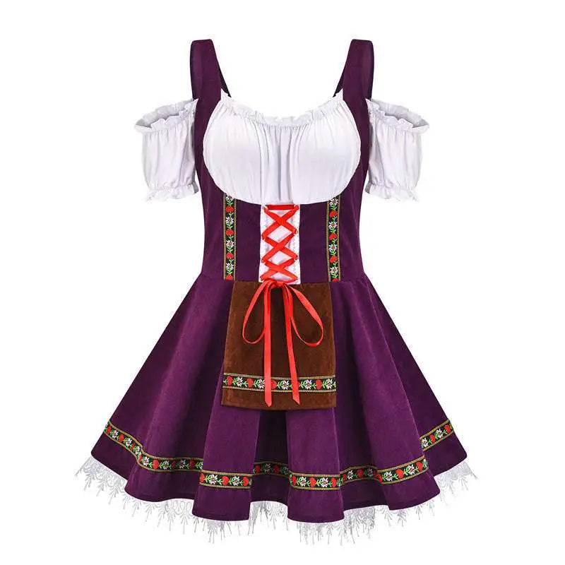 Plus size bavarian halloween beer girl dress in purple velvet with white off-the-shoulder sleeves and red lace-up front