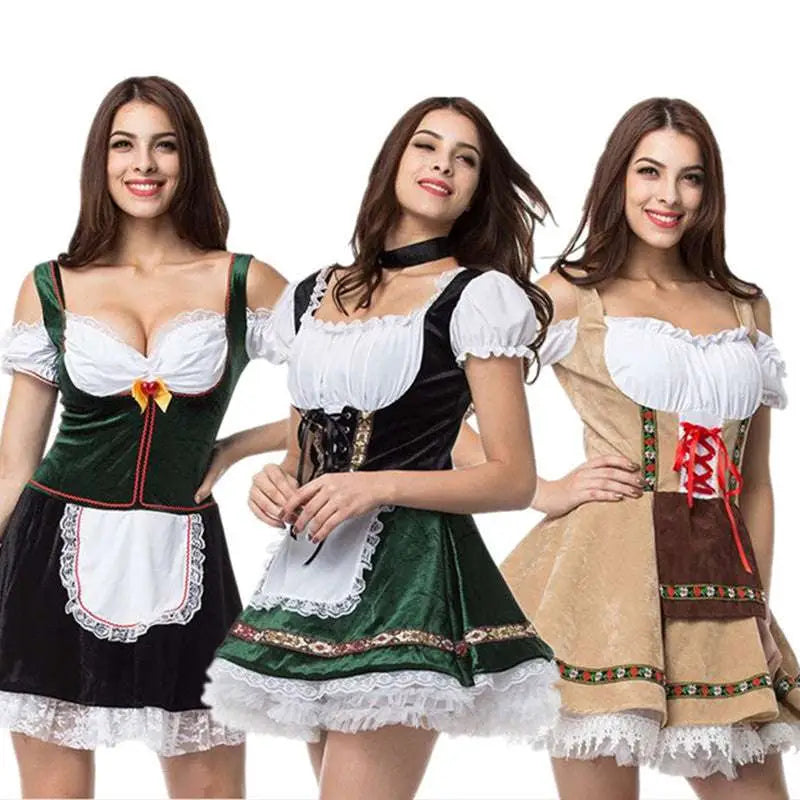 Three women model plus size bavarian halloween beer girl dress with white lace bodice and green velvet or black corseted waist