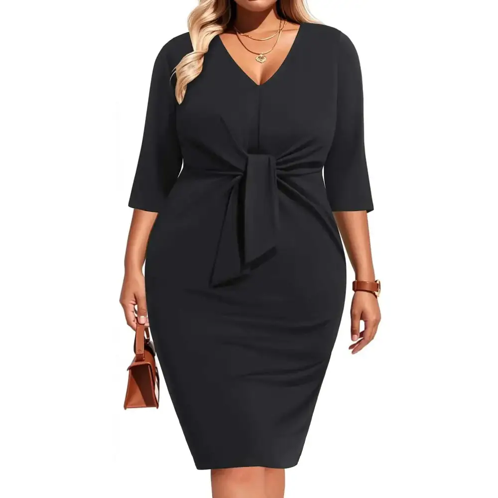 Plus size black dress v neck midi with three quarter sleeves and tied waistband perfect for wedding guest attire