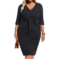 Plus size black dress v neck midi with three quarter sleeves and tied waistband perfect for wedding guest attire