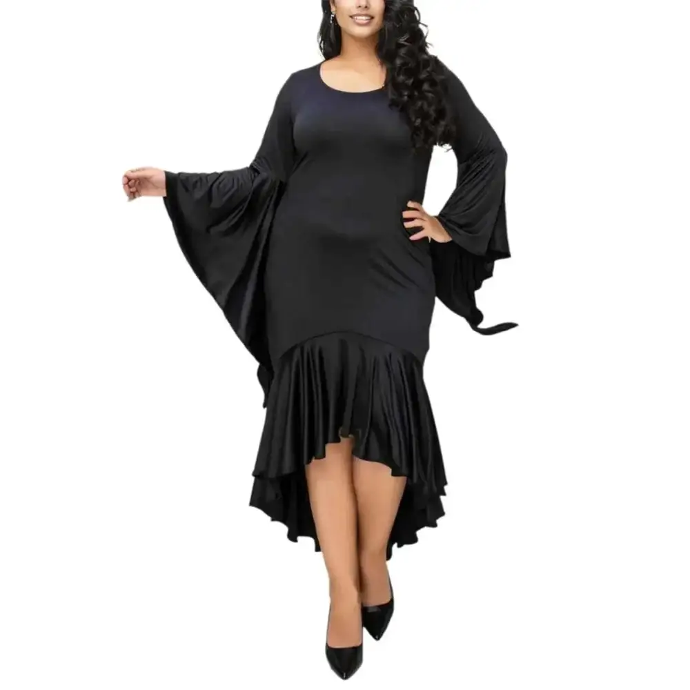 Plus size black high low flowy maxi dress with bell sleeves and ruffled hem for curvy women