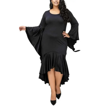 Plus size black high low flowy maxi dress with bell sleeves and ruffled hem for curvy women