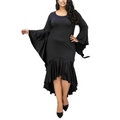 Plus size black high low flowy maxi dress with bell sleeves and ruffled hem for curvy women