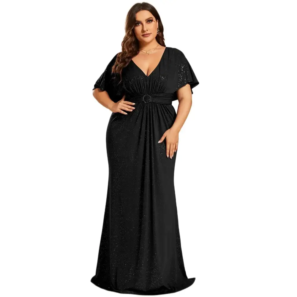 Plus size black sequin evening dress with v neckline, cape-like short sleeves, and cinched waist with circular belt