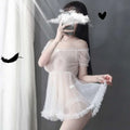 Plus size sheer white mesh lace erotic nightgown with off the shoulder sleeves and fringed hem lace erotic nightgown