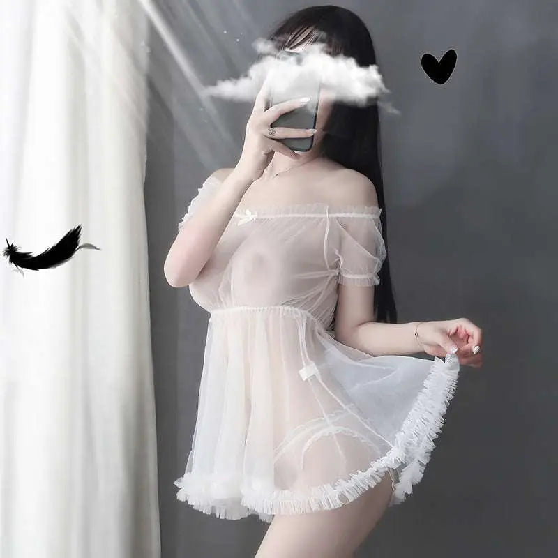 Plus size sheer white mesh lace erotic nightgown with off the shoulder sleeves and fringed hem lace erotic nightgown