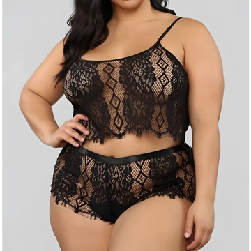 Plus size black two piece underwear lace set featuring intricate floral patterns and sheer mesh overlay