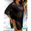 Plus size blouse bikini swimsuit cover up black sheer mesh with wide sleeves and a high slit for stylish beachwear