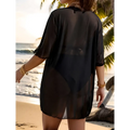 Plus size blouse bikini swimsuit cover up in black sheer mesh with three-quarter sleeves and loose flowing design