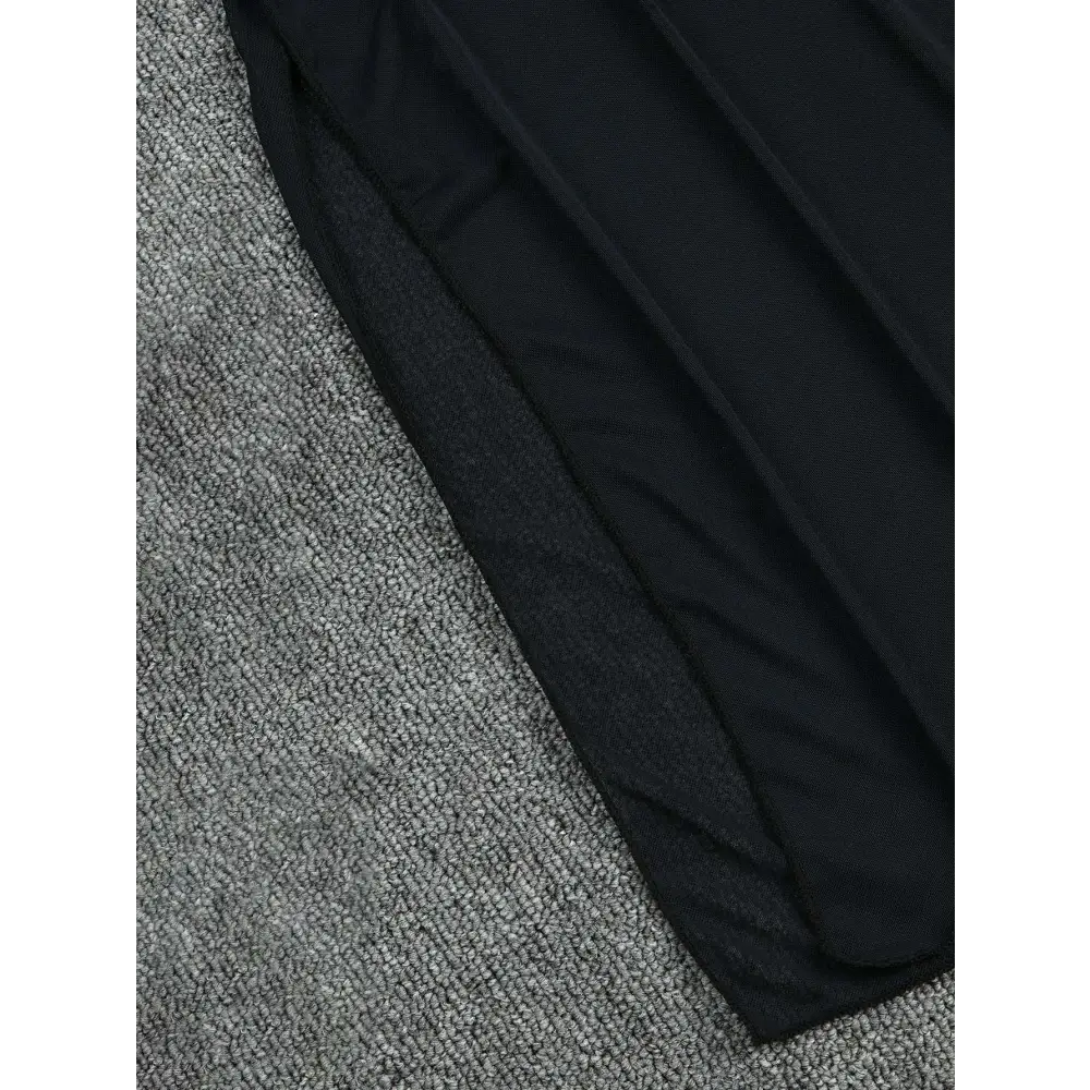 Black pleated plus size blouse bikini swimsuit cover up with a smooth shiny black sheer mesh fabric surface