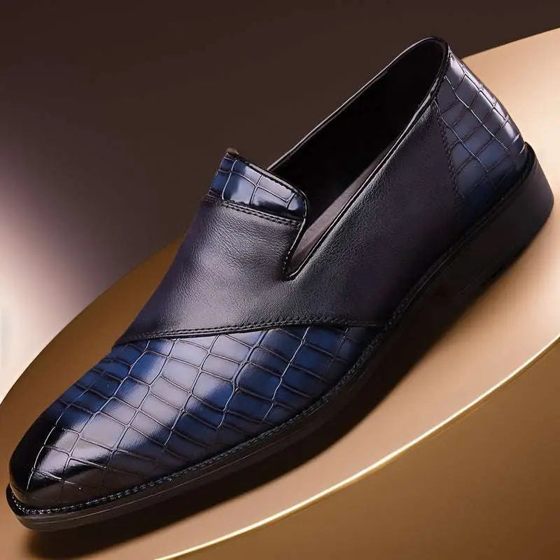Plus size british business dress dark blue crocodile-embossed leather slip-on dress leather shoes with black stitching