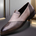 A stylish plus size british business dress leather shoe with light gray upper and dark brown crocodile-embossed panels
