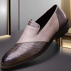 A stylish plus size british business dress leather shoe with light gray upper and dark brown crocodile-embossed panels