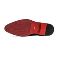 Red textured shoe sole with black heel and size 250 label of plus size casual brown cap toe oxford leather shoes