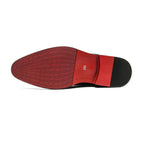 Red textured shoe sole with black heel and size 250 label of plus size casual brown cap toe oxford leather shoes