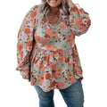 Plus size casual loose floral chiffon peplum shirt with long sleeves and vibrant orange teal brown floral pattern on off-white