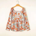 Plus size casual loose floral chiffon peplum shirt with long sleeves square neckline and ruffled hem in orange teal and pink