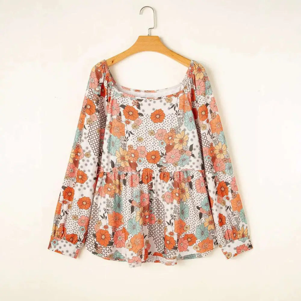 Plus size casual loose floral chiffon peplum shirt with long sleeves square neckline and ruffled hem in orange teal and pink