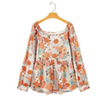 Plus size casual loose floral chiffon off-the-shoulder blouse with orange teal and cream floral chiffon peplum design
