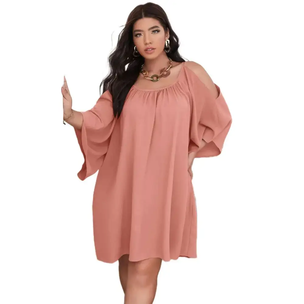 Plus size cold shoulder peach summer dress with loose fit wide sleeves and square neckline suitable for wedding guest