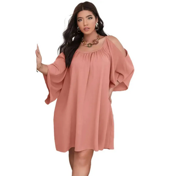 Plus size cold shoulder peach summer dress with loose fit wide sleeves and square neckline suitable for wedding guest