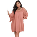 Plus size cold shoulder peach summer dress with loose fit wide sleeves and square neckline ideal for wedding guest