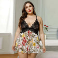Plus size deep v leopard lace stitching pajama dress in black with floral lace trim and flowing skirt suitable for nighttime wear