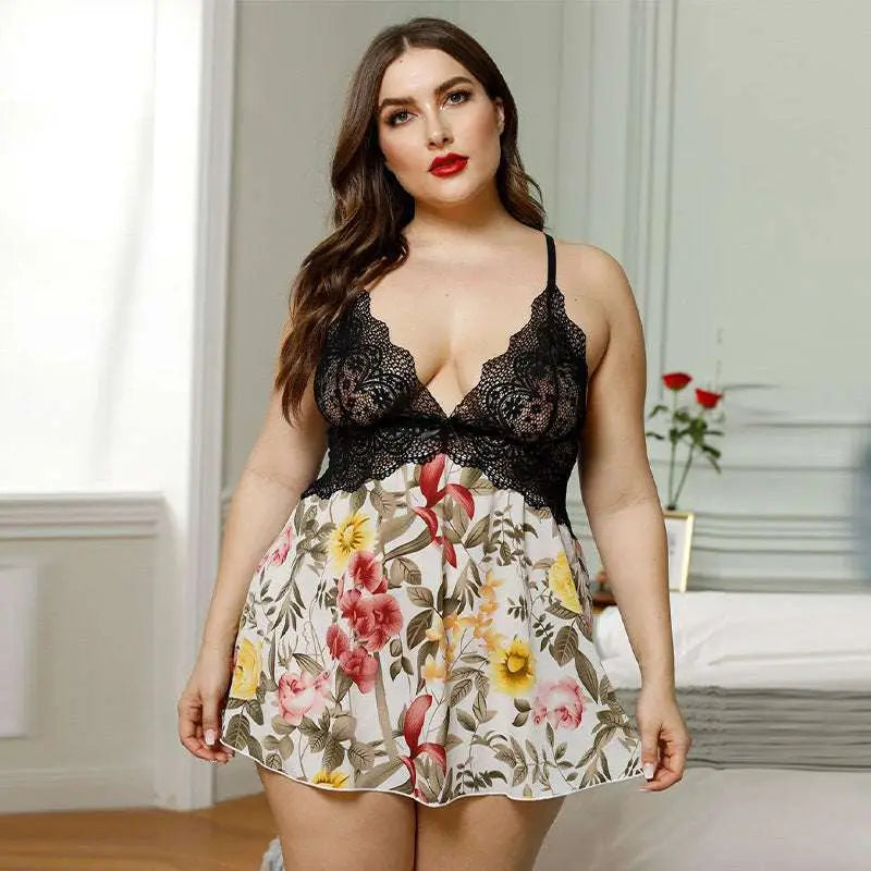Plus size deep v leopard lace stitching pajama dress in black with floral lace trim and flowing skirt suitable for nighttime wear