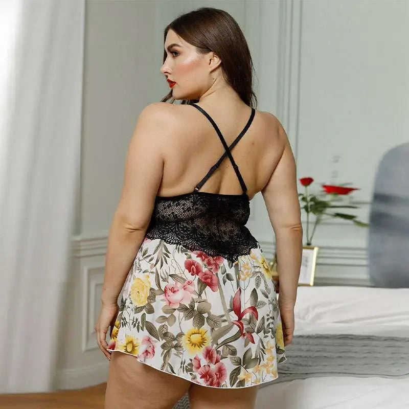 Plus size deep v leopard lace stitching pajama dress featuring black lace bodice and leopard print skirt