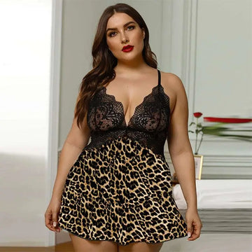 Plus size deep v leopard lace stitching pajama dress featuring black lace bodice and leopard print skirt
