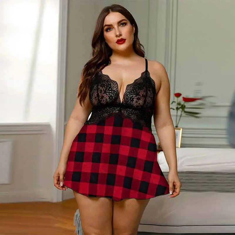 Plus size deep v leopard lace stitching pajama dress in black and red plaid with lace bodice for comfortable nightwear