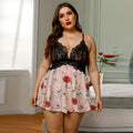 A plus size deep v leopard lace stitching pajama dress with black lace bodice and floral skirt with red and pink roses