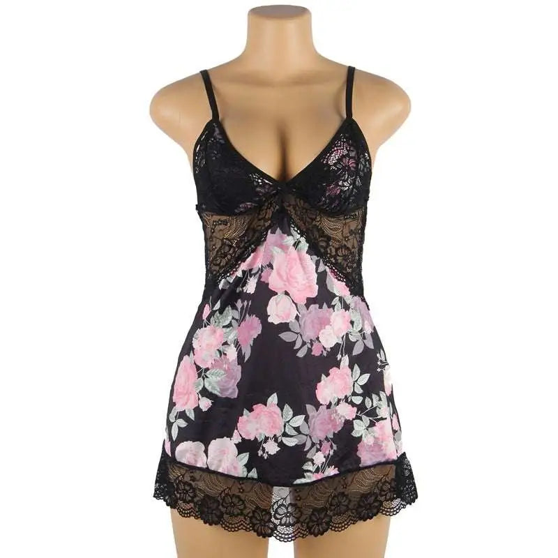 Plus size embroidery patchwork lace black nightgown with pink roses and delicate lace trim for comfortable sleepwear