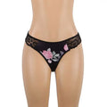Black lace-trimmed thong with pink rose and gray leaf floral print for plus size embroidery patchwork lace sleeping dress