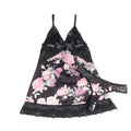 Plus size embroidery patchwork lace sleeping dress black satin nightgown with pink floral print and lace trim