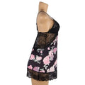 Plus size embroidery patchwork lace sleeping dress in black with pink rose floral design and lace trim