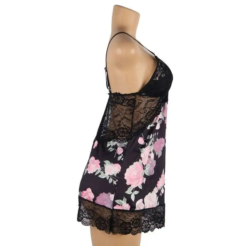 Plus size embroidery patchwork lace sleeping dress in black with pink rose floral design and lace trim