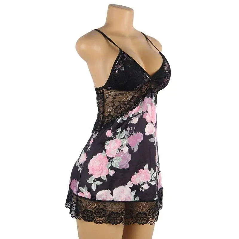 Plus size embroidery patchwork lace sleeping dress in black with pink floral print sheer mesh panels nightgown