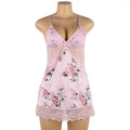 Plus size embroidery patchwork lace sleeping dress in pink with floral lace trim and delicate spaghetti straps v-neckline