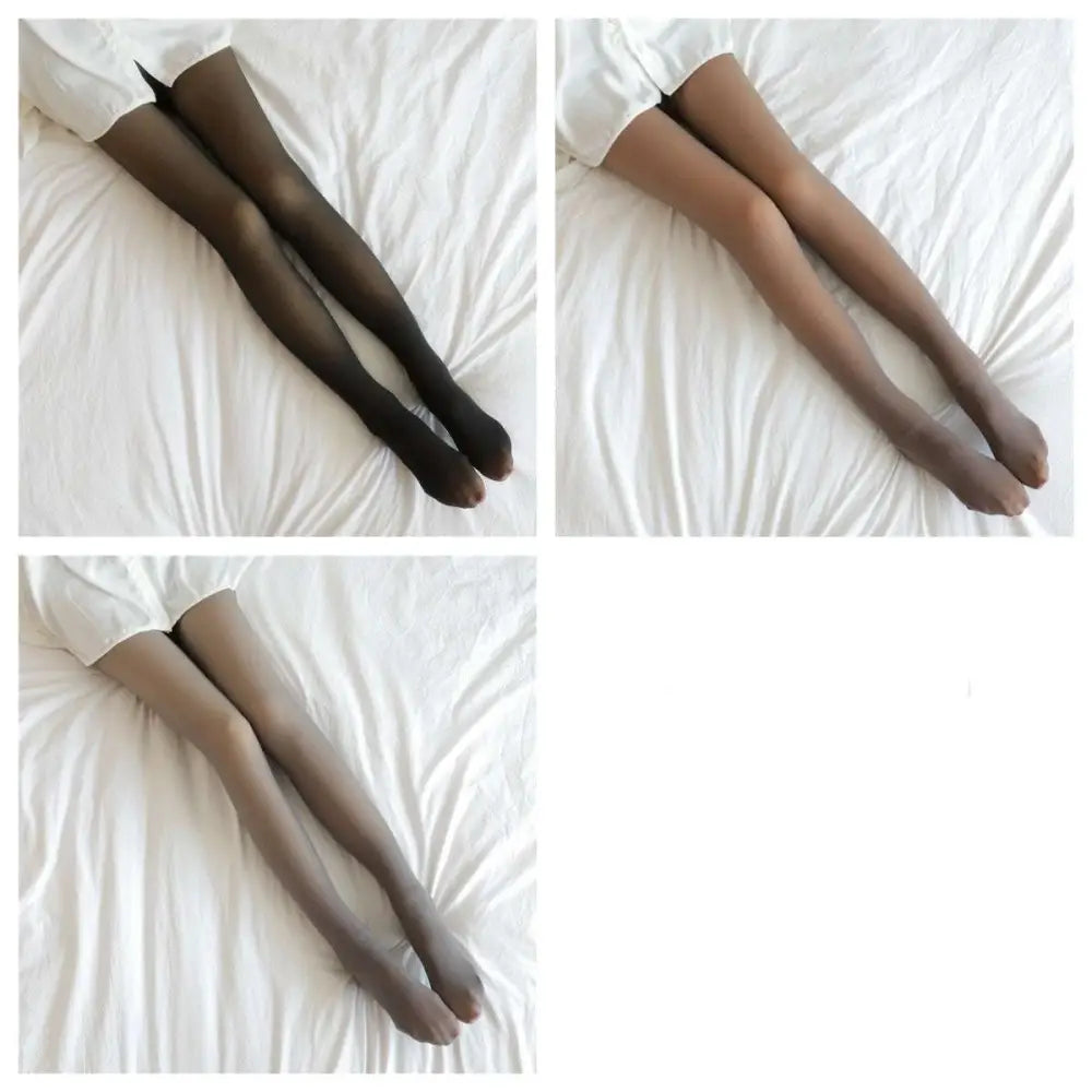 Plus size fake translucent fleece lined tights in black beige and nude displayed on a white bedspread