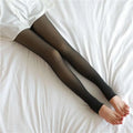 Plus size black sheer fleece lined tights with smooth stretchy material and ribbed cuffs featuring fake translucent fleece