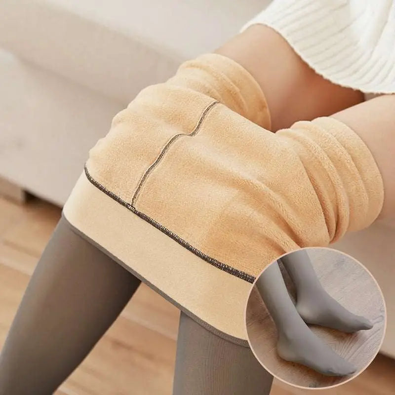 Beige plus size fake translucent fleece lined tights with plush lining and subtle dark stitching along the seam