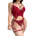 Plus size fat woman underwear red lace two piece suit featuring a red lace bodysuit with waist cutout and suspenders