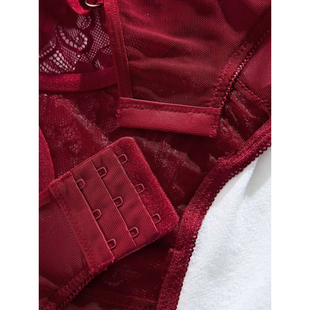 Plus size fat woman underwear red lace two piece suit with mesh satin finish and adjustable hook and eye closures