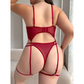 Plus size fat woman underwear red lace two piece sheer mesh lingerie set with adjustable straps and back clasp visible from back